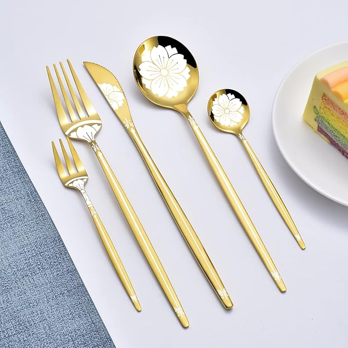 Gold Silverware Set with Pattern 20 Piece, Stainless Steel Flatware Sets for 4, LaienLife Unique Utensils Set with Forks Spoons Teaspoon, Home Party Kitchen Cutlery, Mirror Polished Dishwasher Safe
