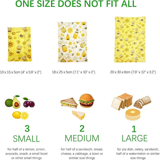 6 Pack Sealable Reusable Beeswax Food Bags, Sustainable Food Storage Containers, Easy to Clean, Easy to Use, Alternative to Plastic