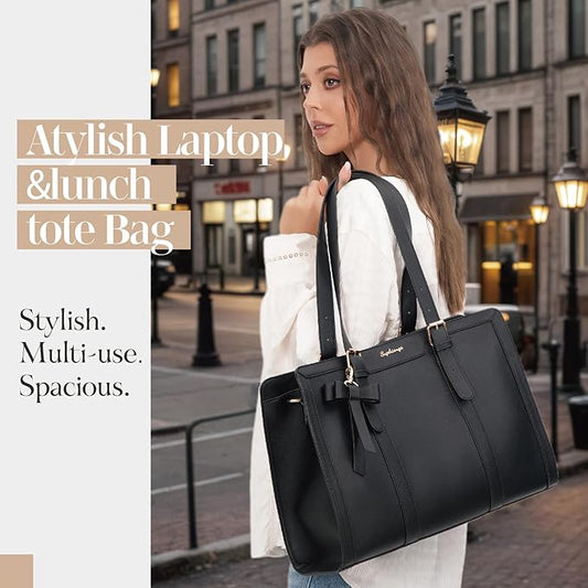 Lunch Tote Bag for Women, 15.6 Inch Laptop Bag with Insulated Lunch Compartment,Black