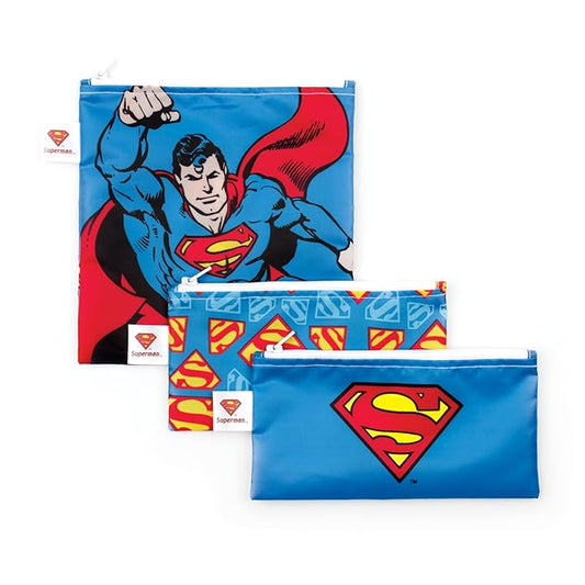 Bumkins Reusable Sandwich and Snack Bags, for Kids School Lunch and for Adults Portion, Washable Fabric, Waterproof Cloth Zip Bag, Travel Pouch, Food-Safe Storage, 3-pk DC Comics Superman