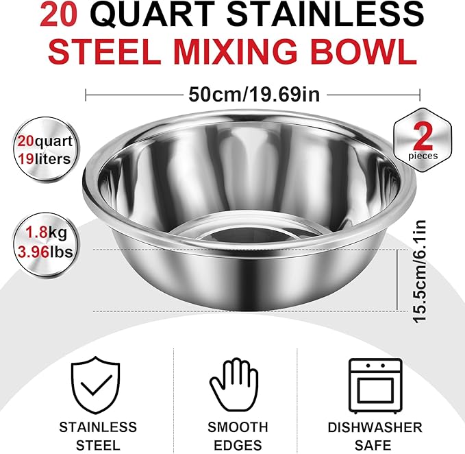 2 Pack Large Mixing Bowl Oversized All Purpose 304 Stainless Steel Polished Mirror Flat Base Metal Bowl for Home or Commercial Prepping Baking Mixing Marinating(20 Qt)