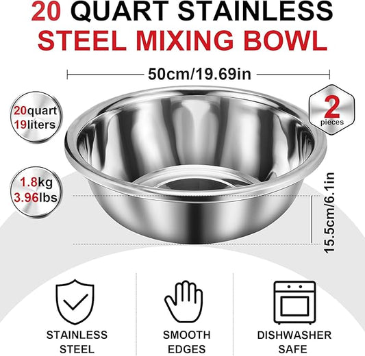 2 Pack Large Mixing Bowl Oversized All Purpose 304 Stainless Steel Polished Mirror Flat Base Metal Bowl for Home or Commercial Prepping Baking Mixing Marinating(20 Qt)