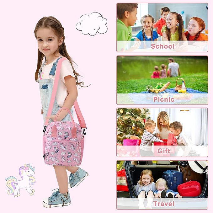 RAVUO Unicorn Lunch Bag Water Resistant Insulated Cute Girls Lunch Box for Kids Reusable Lunch Tote with Detachable Shoulder Strap