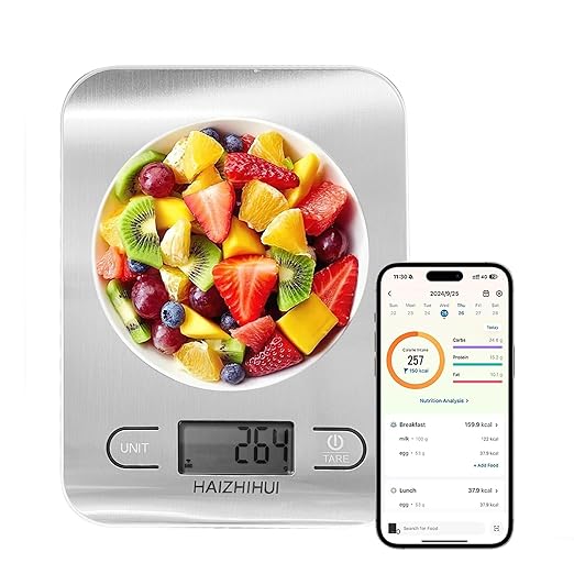 Fitdays Food Scale with Nutritional Calculator, Digital Kitchen Scale for Weight Loss, Smart Food Weight Scale with App for Calorie Cooking, Grams and Ounces, White, 11lb/5kg (KT630-WHITE)