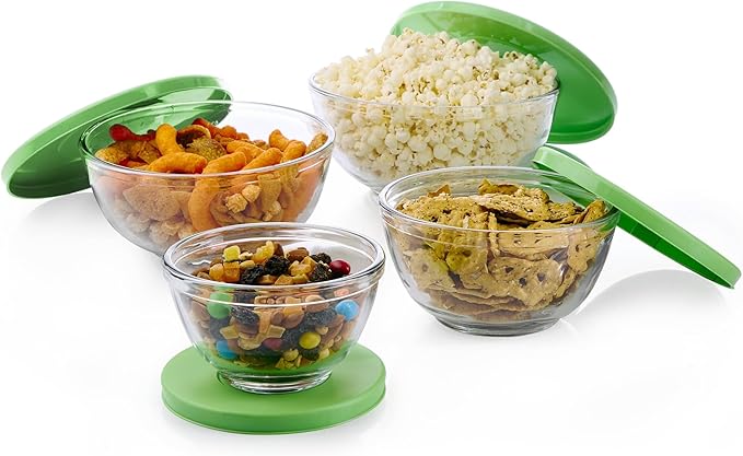 Libbey Baker's Basics 4 Piece Glass Mixing Bowl Set with Plastic Lids - Elegant Nesting Bowls - Glass Mixing Bowls with Lids to Store, Serve and More