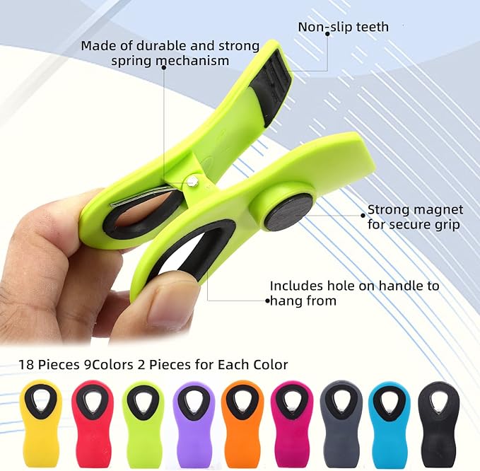 18 Pack Magnetic Bag Clips - Assorted Bright Colors for Food Storage & Fridge Organization