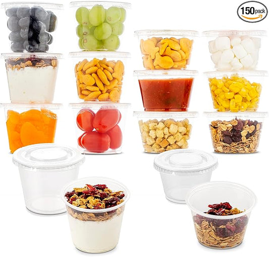 DuraHome Plastic Portion Cups with Lids 4 oz. & 5.5oz. Combo Pack of 150 Leakproof Jello Cup Mini Containers for Salad Dressing Sauce Condiment Snack Souffle and Salsa, Disposable, Interchangeable