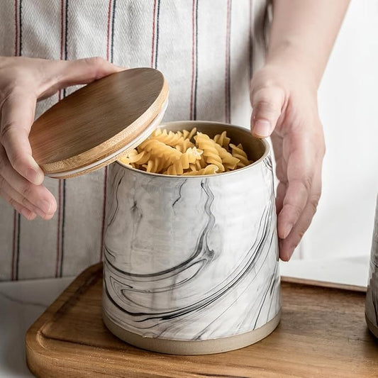 Ceramic Airtight Containers, Wide Mouth Food Storage Jars with Sealing Wooden Lids, Cereal Sugar Tea Coffee Bean Cookie Flour Canisters - Marble Design