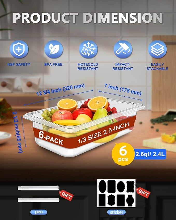 1/6 Size 2.5 Inch Clear NSF Polycarbonate Food Pan-9 PCS[Food Grade][Hot&Cold Resistant] Commercial Pans with Lids, Restaurant Food Storage Containers Hotel Pan(BPA-FREE)