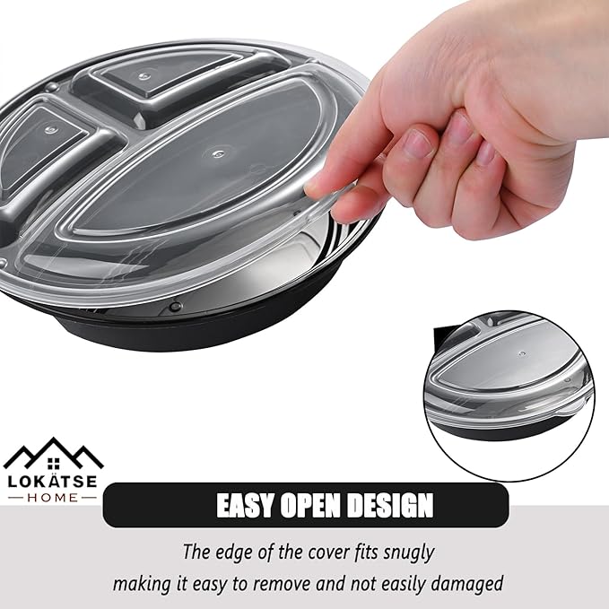 LOKATSE HOME Meal Prep Container Microwave Safe 48 Pack 3 Compartment with Lids, Round Bento Box, Food Storage Durable Stackable Reusable, BPA Free, Freezer, Dishwasher Safe (33 oz)