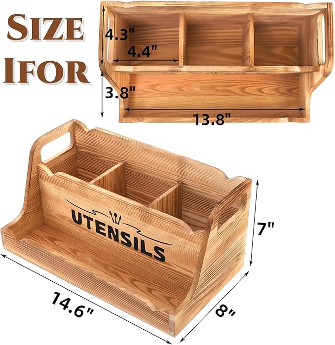 15" Kitchen Utensil Holder with Spice Bottles Tray, Extra Large Wood Countertop Utensil Organizer with Handles, 4 Compartment Cooking Tool Storage Caddy for Home Decor Gift