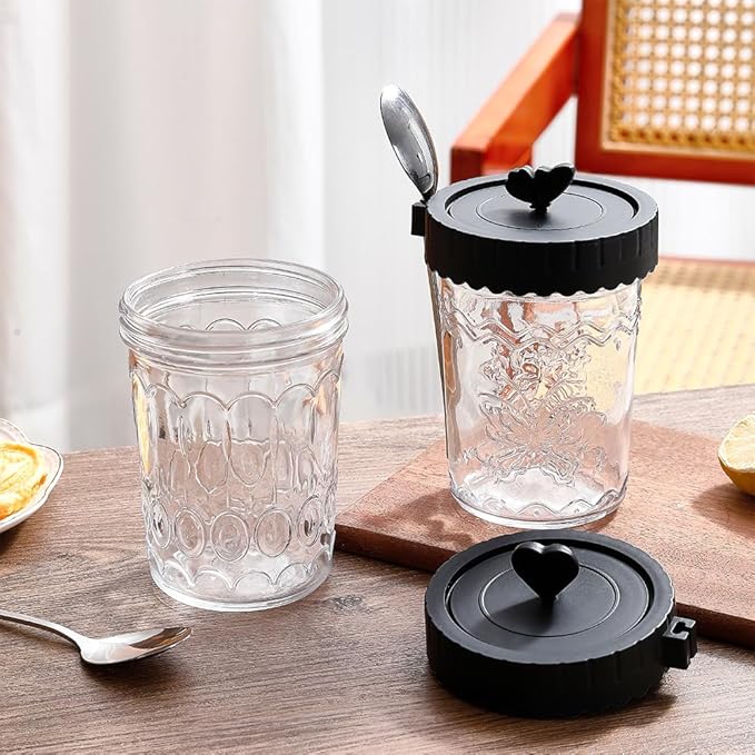 Glass food Jars with Lids and Spoons, 4 Pack Overnight Oat Jars with Airtight Lid, 100% Leak Proof yogurt Containers, Glass jars for BreakfastyogurtCerealSnackSoupParfait - Black