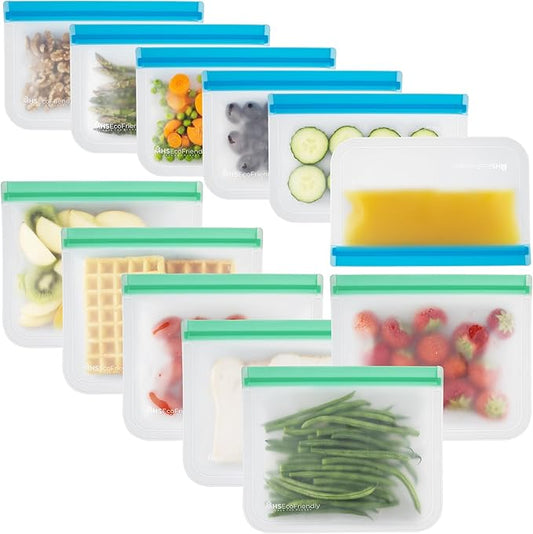 Reusable Freezer Bags | 12-Pack | M & XL Reusable Ziplock Bag | BPA Free & Leakproof | For Fridge & Freezer Storage, Food Storage & Batch Cooking
