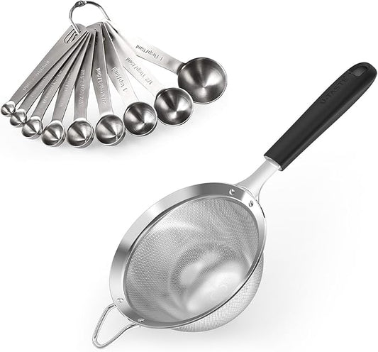 18/8 Stainless Steel Measuring Spoons Set for Dry and Liquid Ingredients (Set of 9), and 4.73in Medium Fine Mesh Strainer with Sturdy Riveted Silicone Handle and Strong Frame (Black)