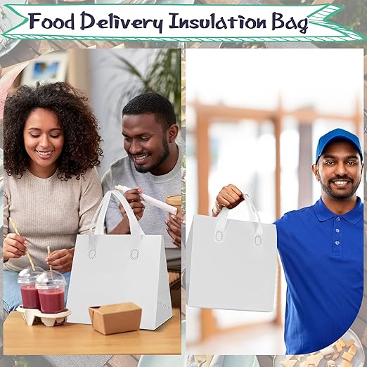 Kacctyen 100 Pcs Insulated Take Out Bags Bulk 9.5 x 6 x 9.5 in Thermal Insulation Food Bag for Coffee, Milk Tea, Hot Cold Food, Delivery Cooler Bag for Catering Restaurant Grocery Picnic (White)