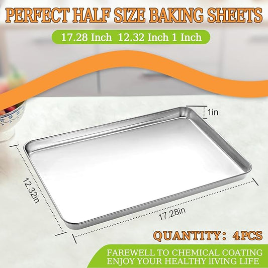 CEKEE Stainless Steel Baking Sheet Set of 4, Large Baking Pan & Cookie Sheet & Baking Tray for Oven, Half Sheet Pan, Size 18 x 13 x 1 inch, Heavy Duty & Mirror Finish & Easy Clean