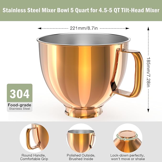 5QT Stainless Steel Mixer Bowl Compatible with Kitchenaid Stand Mixers, Kitchenaid Mixing Bowl Replacement Bowl for 4.5-5 QT Tilt-Head Mixer with Handle, Rose gold