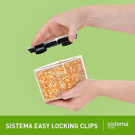 Sistema Ultra Tritan Airtight Pantry & Kitchen Storage Containers 3 Square Plastic Food Containers with Lids (1x 1.3L + 2x 700ml) Stackable with Locking Clips BPA-Free [82008]