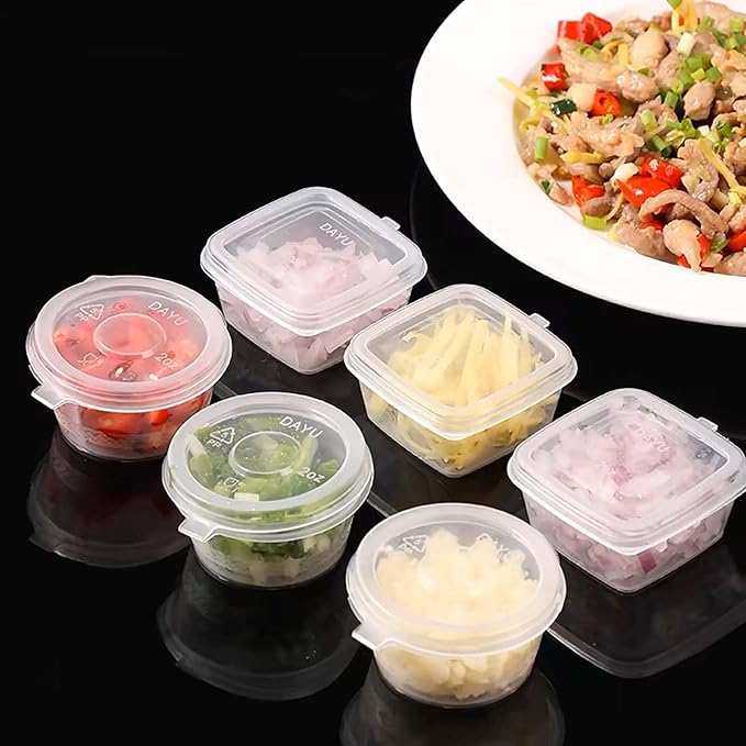50 Sets 2 1/2 oz Square Shaped Jello Shot Cups with Lids, Small Condiment Containers, Disposable Portion Cups, Plastic Souffle Cup, Mini Sample Tasting Cups, Dipping Sauce Cup To Go Bowls, Clear