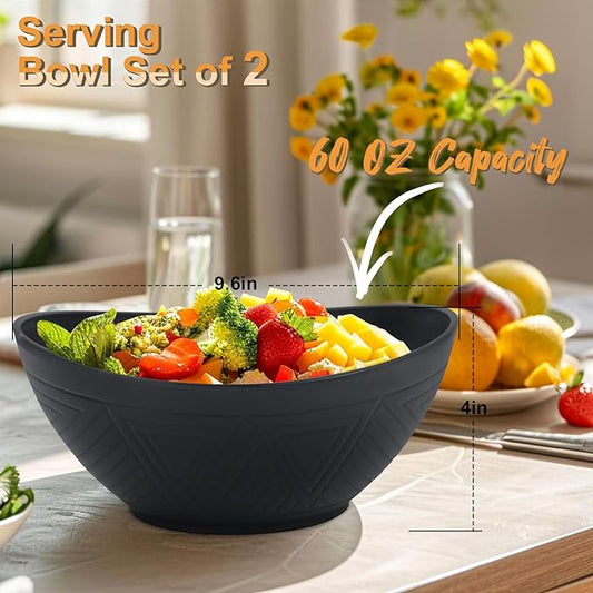 Homienly Serving Bowls Large Fruit Bowls for Wedding and Dinner Parties Wheat Straw Bowl Set 60 Oz for Salad, Snacks Oval Shape Microwave & Dishwasher Safe Bowl Set of 2 Bowls for Kitchen - Black