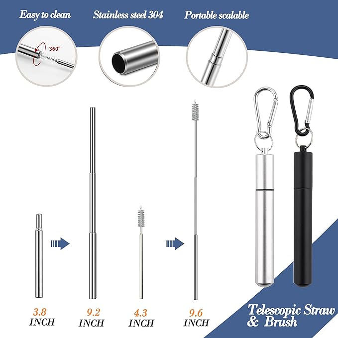 Portable Reusable Utensils Silverware With Case, Travel Camping Cutlery Set, Chopsticks and Straw Flatware, Stainless Steel Utensil Set Silver