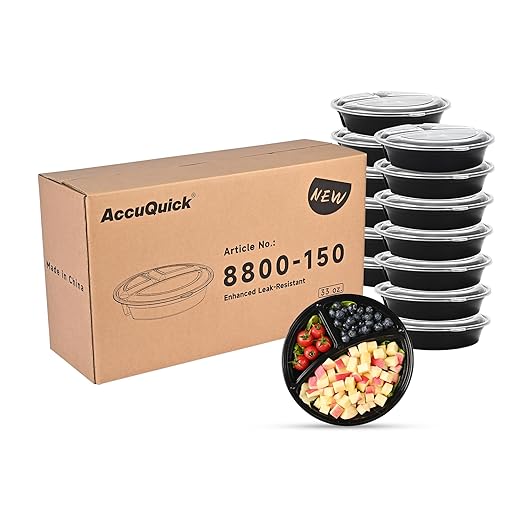 150 Pack Meal Prep Containers, 33 OZ Round Bento Box, 3 Compartment Divided Food Storage Durable Stackable Reusable, BPA Free, For Microwave, Dishwasher, Freezer（150 Trays & 150 Lids）