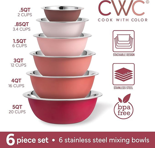 COOK WITH COLOR Stainless Steel Mixing Bowls Set - Nesting Bowls, 6 Pieces, Rose