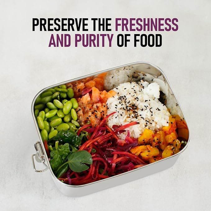 Stainless Steel Lunch Box with Safe Closure Lid for Meal Planning and Portion Control - Bento Box Stainless Steel - BPA-Free, Leakproof & Dishwasher Safe Metal Bento Box Container for On-the-Go