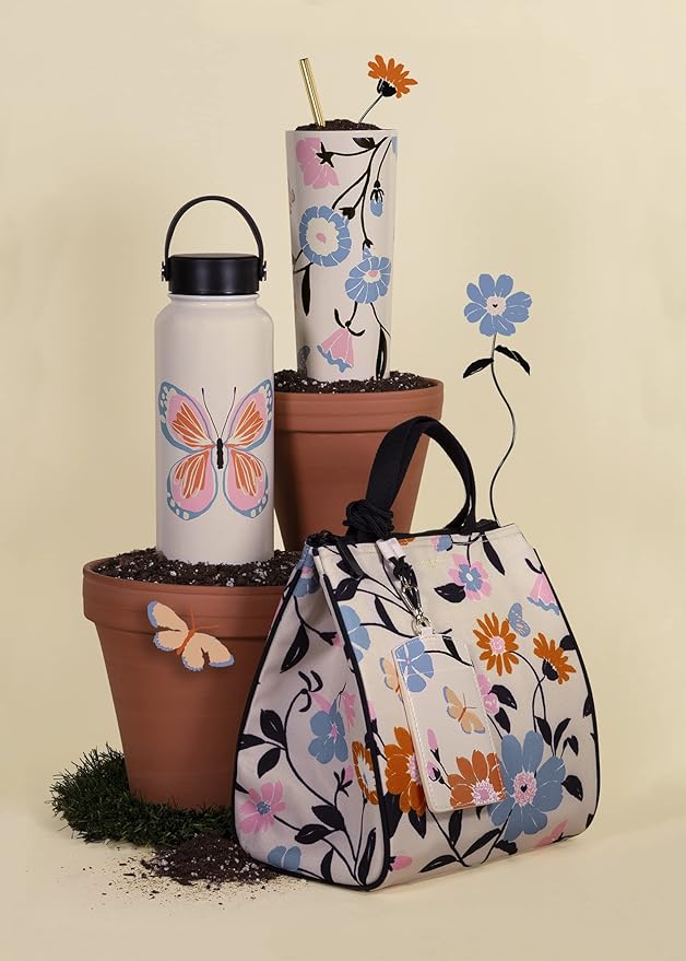 Kate Spade New York Portable Soft Cooler Lunch Bag with Silver Insulated Interior Lining and Storage Pocket, Floral Garden