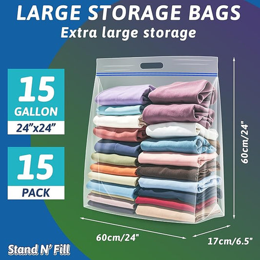 Extra Large 15 Gallon Storage Bags - 24” x 24” with Resealable Zip and Carry Handle, Ideal for Clothes, Pillows, Moving and Travel, Set of 15