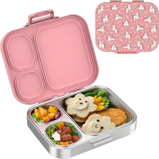 Stainless Steel Kid Lunch Box, Leak-Proof with free sealing Bento Box 3 Compartments Pink Girl