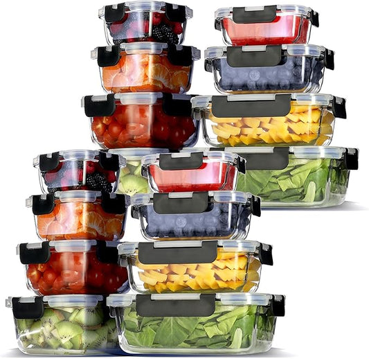 Eatex 32pc Glass Food Storage Containers with Lids, Airtight Glass Meal Prep Containers, 16 Reusable Glass Food Containers with 16 Leakproof Snap Lock Lids Oven Microwave Freezer Safe Lunch Containers
