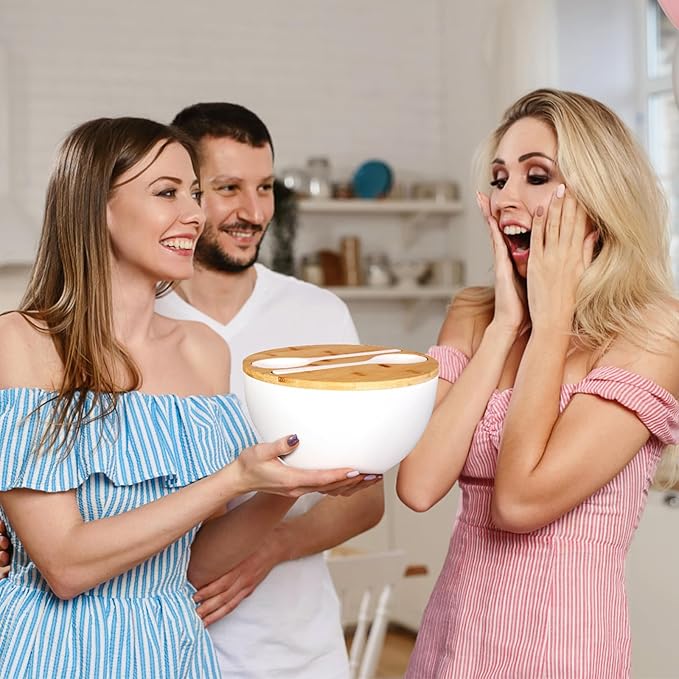ShineMe Large Salad Bowl with Lid, Bamboo Fiber Salad Serving Bowl Set with Utensils, 9.8inches Mixing Bowl with Servers, Solid Bamboo Wooden Bowl for Salad, Fruits, Vegetables and Pasta(White)