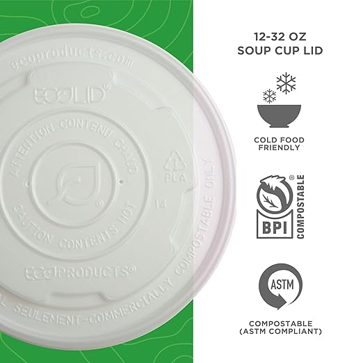 Eco-Products Compostable World Art Soup Container Lids, Case of 500, Fits 12-32oz Soup Containers, Made From CPLA Renewable Plant Based Plastic, For Hot or Cold Food, Clear For Visibility