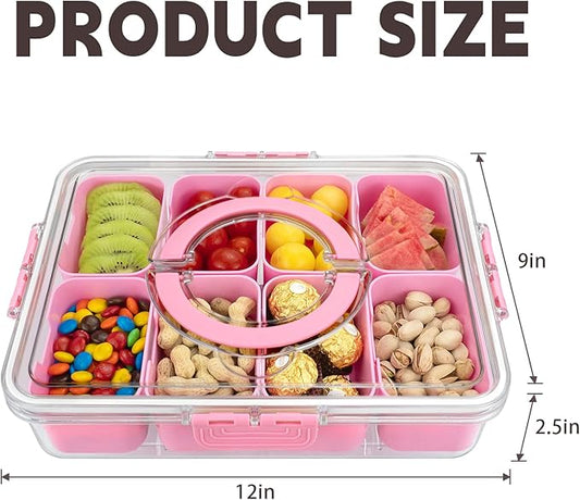 Divided Serving Tray with Lid and Handle,8 Compartments Snacks Box,Snack Fruit Tray,Veggie Tray,Portable Platter for Candy Fruits Nuts Snack Party Entertaining Picnic