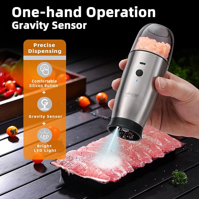 Electric Salt and Pepper Grinder Set with Safe Base, Automatic Mill by Gravity,Adjustable Coarseness with LED,Larger Rechargeable Battery,Easy filling,2 Pack Stainless Steel Kitchen Tools