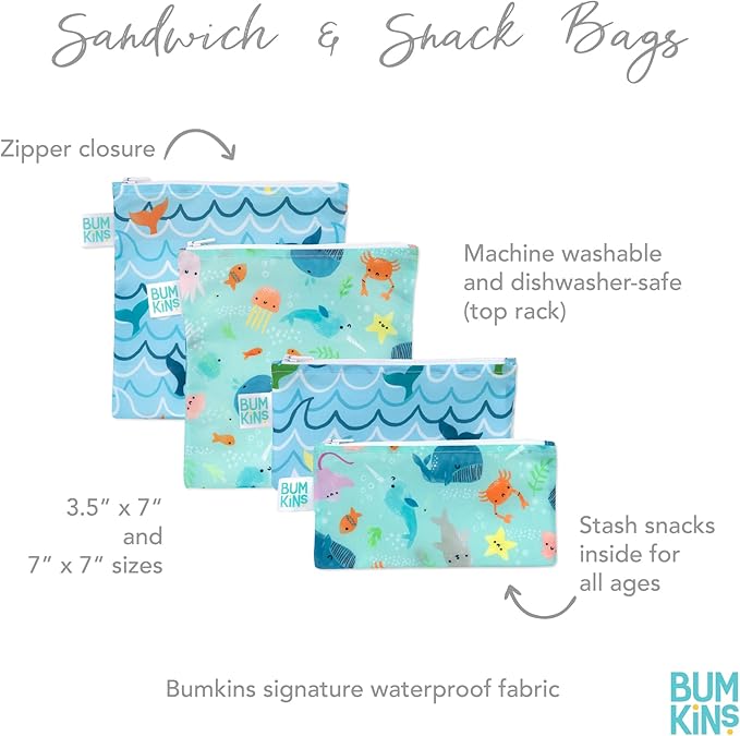 Bumkins Reusable Sandwich and Snack Bags, for Kids Lunch Bags and for Adults, Beach Essentials, Washable Fabric, Cloth Zip Bag, Dishwasher-Safe, Food-Safe, Safety Tested (4-Pack)