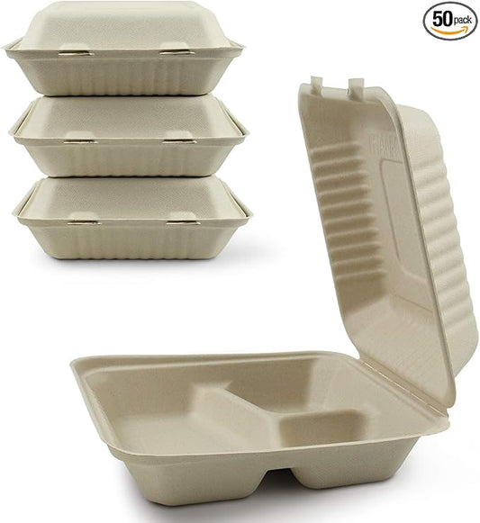 Green Earth, 9-inch, 50-Count, 3-Compartment, Compostable Clamshell, BAM Ware (Bamboo Fiber), Take-Out/to-Go Food Boxes - Biodegradable Containers, Hinged Lid Microwave-Safe Gluten-Free