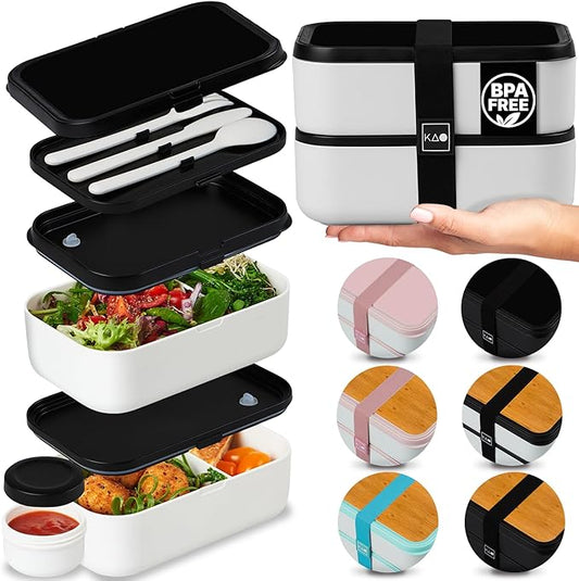 Double Premium Bento Box Adult, 67 fl oz BPA-Free - Cream' Stackable Lunch Box with Leak-Proof Lids & Dividers, Perfect for Meal Prep, Lunches & Portion Control