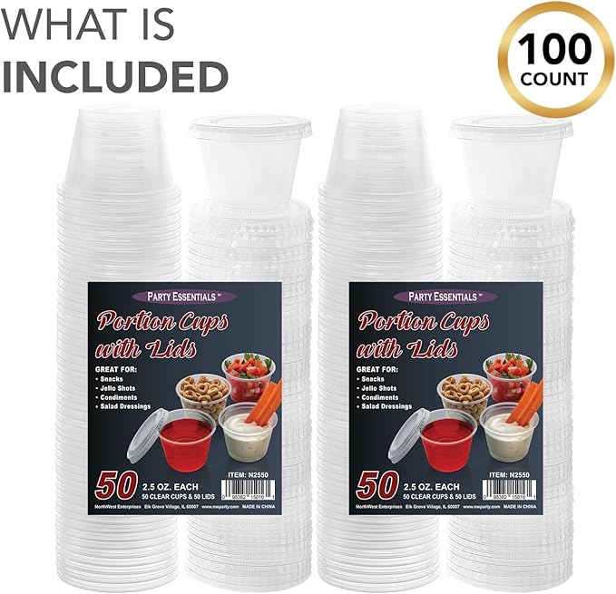 Party Essentials Squeezable Plastic Gelatin/Jello Shot Glasses/Portion Souffle Cups/Condiment Sauce Containers with Lids, 100 Sets, 2.5 oz. Clear