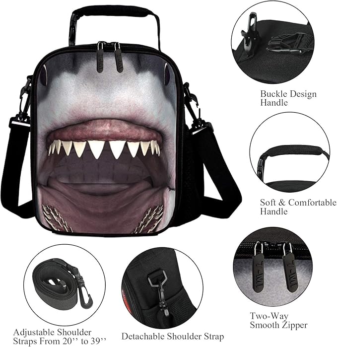 7-Mi KIds Insulated Lunch Bags For Food Children 3D Shark Lunch Tote Box Meals With Shoulder Adjustable Strap And Water Bottle Holder
