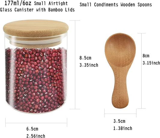 18 pcs Glass jars Set, 12 set - 6oz Spice Jars Set with Bamboo Lids, 6 pcs Small Condiments Wooden Spoons, Airtight Glass Food Cereal Storage Containers for Kitchen (Set of 18, 6oz)