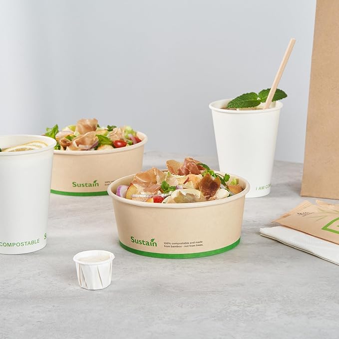 Restaurantware-Sustain 25 Ounce Sturdy Paper Take Out Boxes, 50 Round Take Out Food Containers - With PLA lining, Compostable, Bamboo Paper Containers, Disposable, Greaseproof