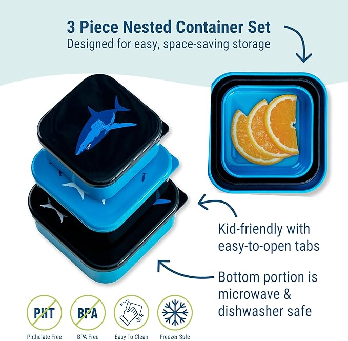Wildkin Nesting Food Containers for Kids – Stackable, Airtight & Dishwasher Safe - Set of 3 - Sharks