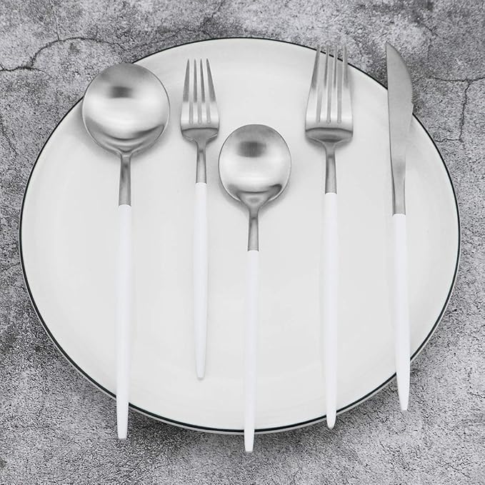 20-Piece 18/10 Stainless Steel Flatware Silverware, Luxury Dinnerware Set Travel Cutlery Tableware Include Knife Fork Spoon Service for 4, Dishwasher Safe (White Handle Matte Silver)