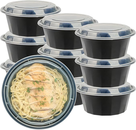 Restaurantware Asporto 32 Ounce To Go Boxes 100 Microwavable Take Out Food Containers - Clear Plastic Lids Included Do Not Contain BPA Black Plastic Catering Food Containers Disposable Round