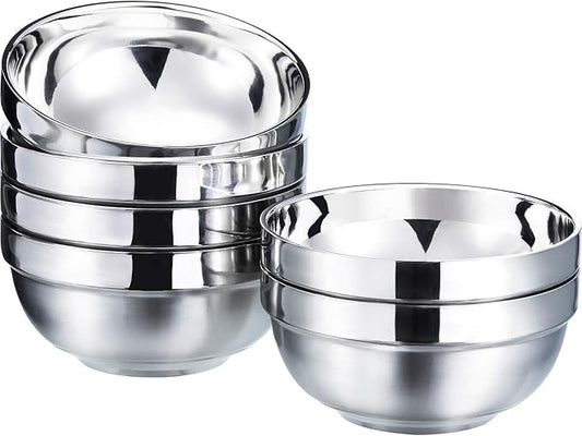 SATINIOR 6 Pack Stainless Steel Bowls for Kids and Adults Stainless Steel Cereal Bowls Double-walled Insulated Bowl Metal Snack Bowl(15 oz)