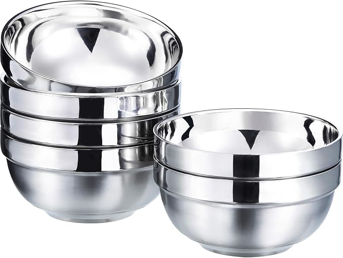 SATINIOR 6 Pack Stainless Steel Bowls for Kids and Adults Stainless Steel Cereal Bowls Double-walled Insulated Bowl Metal Snack Bowl(18 oz)