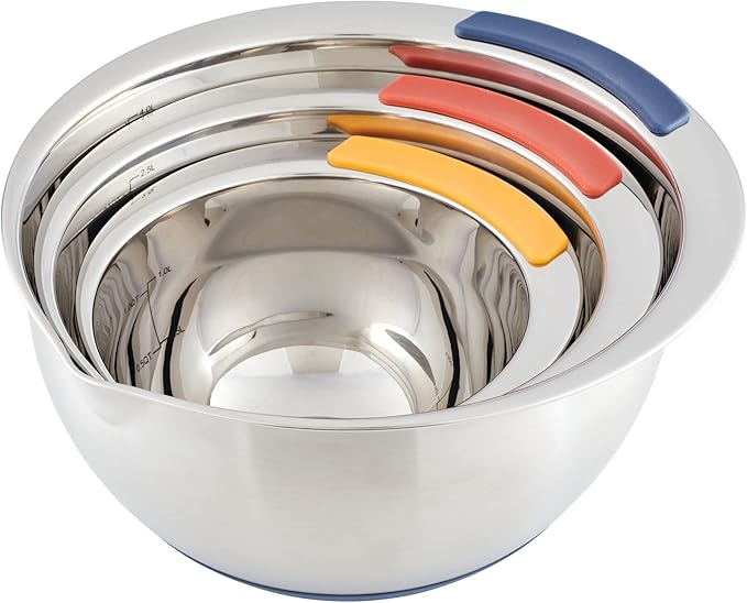 Ayesha Curry Kitchenware Pantryware Stainless Steel Nesting Mixing Bowls, 3-Piece Set, Silver with Color Accent Handles