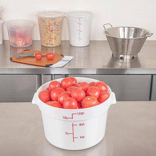 Restaurantware-Met Lux 12 Quart Food Storage Containers, 10 White Storage Containers - Lids Sold Separately, Red Volume Markers, Dishwashable Containers, Side Handles, For Storing Foods